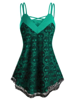lus Size Halloween Criss Cross Skull Lace Tank Top