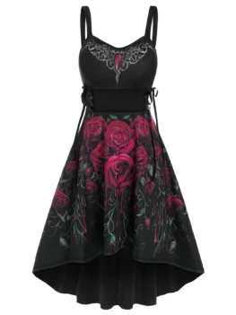 Sleeveless Flower Print Lace-up High Low Gothic Dress