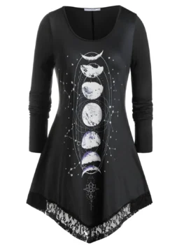 Plus Size Moon Eclipse Lace Hem Long Sleeve Tee