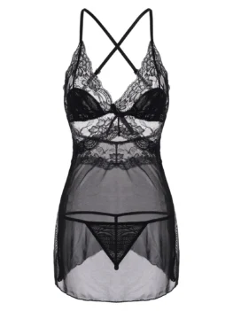 Sheer Mesh Lace Panel Criss Cross Back Lingerie Babydoll