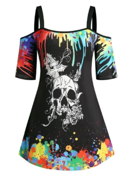 Plus Size Splatter Paint Halloween Skull Open Shoulder Tee