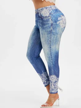 Plus Size 3D Lace Jean Print Tight Jeggings