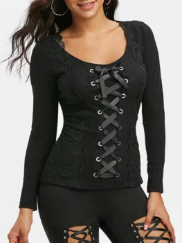 Flower Lace Ribbed Lace-up Knitwear