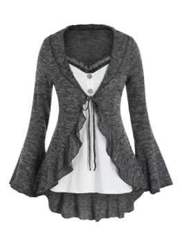 Plus Size Ruffle Space Dye Tie Bell Sleeve Tee