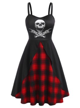 Plus Size Halloween Skull Print Plaid Dress