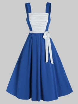 Sleeveless Ruched Front Belted Flare Dress