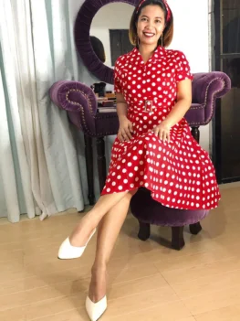 Polka Dot Belted Button Placket Vintage Dress