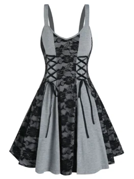 Lace Up Floral Lace Cami A Line Dress