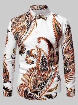 Long Sleeve Plant Leaf Print Casual Shirt