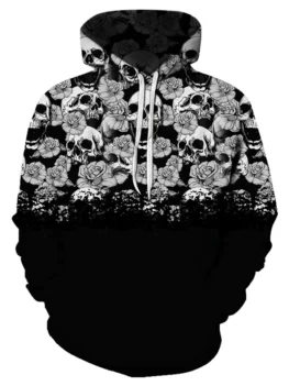 Digital Floral Skull Print Front Pocket Drawstring Hoodie