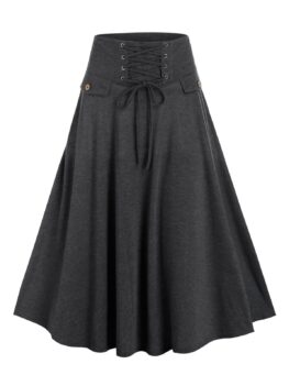 Lace-up Front Heathered Midi Skirt