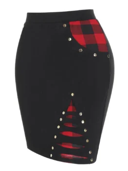 Plus Size Ripped Plaid Studded Skirt