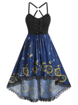 Plus Size Moon Stars Print High Low Dress