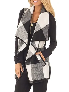 Plaid Draped Front Wool Blend Waistcoat