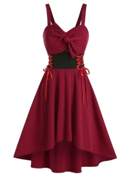 Sleeveless Bow Detail Lace-up High Low Dress