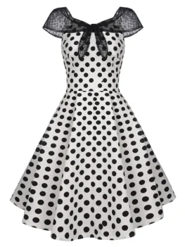 Polka Dot Lace Insert Tied Cap Sleeve Vintage Dress