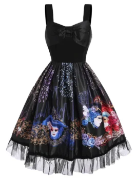Bowknot Flower Face Fireworks Print Lace Insert Dress
