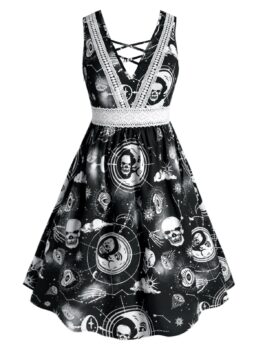 Plus Size Lace Insert Crisscross Halloween Printed Dress
