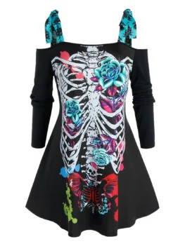 Plus Size Halloween Skeleton Tie Open Shoulder Tee
