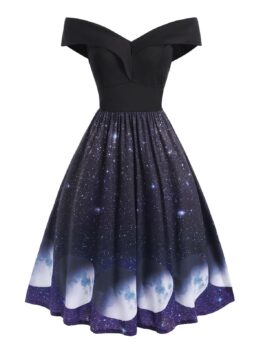 Off The Shoulder Galaxy Print Dress