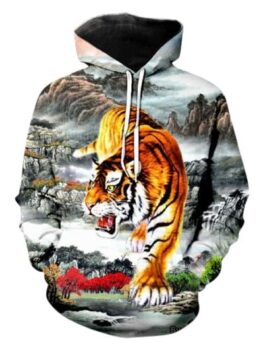 Casual Tiger Landscape Pattern Front Pocket Hoodie