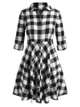 Plaid Tab Sleeve Plus Size Shirt Dress