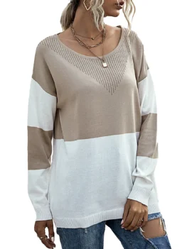 Two Tone Drop Shoulder Pointelle Knit Sweater