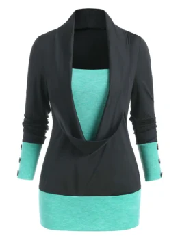 Cowl Front Bicolor Button Long Sleeve T Shirt