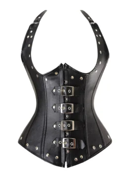 Plus Size Faux Leather Lace-up Rivet Halter Corset Set