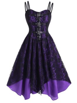 Lace Overlay Lace-Up Buckle Handkerchief Dress