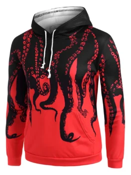 Kangaroo Pocket Octopus Print Streetwear Flocking Hoodie