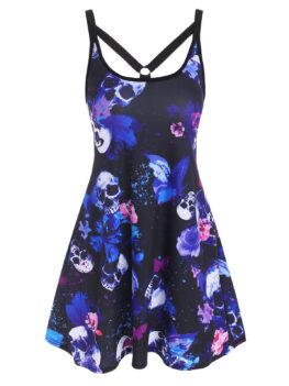 Skull Butterfly Print O Ring Strappy Tank Dress