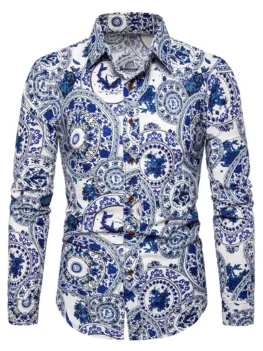 Chinese Porcelain Plate Print Retro Long Sleeve Shirt