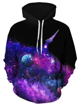 Spaceship Starry Pattern Drawstring Front Pocket Hoodie