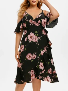 Floral Open Shoulder Flounces Plus Size Wrap Dress