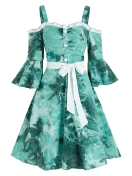 Tie Dye Print Cold Shoulder Belted Dress