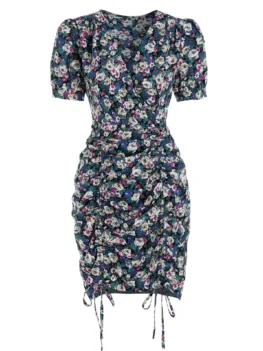 Ditsy Flower Print Drawstring Bodycon Dress