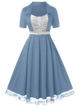 Plus Size Velvet Lace Hem A Line Retro Dress