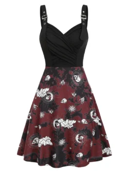 Tie Dye Skull Sun Moon Print Ruched Gothic Cami Dress
