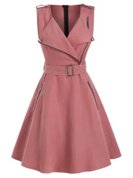 Sleveless Half Zip Belted Dress