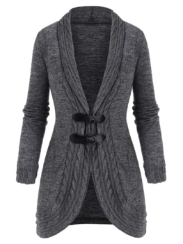 Shawl Collar Buckled Cable Knit Heathered Cardigan