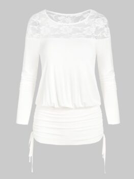 Flower Lace Insert Cinched Blouson T-shirt