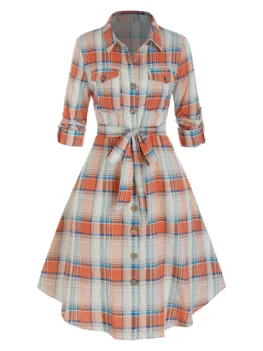 Plus Size Plaid Rolled Up Sleeve Belted Shirt Dress