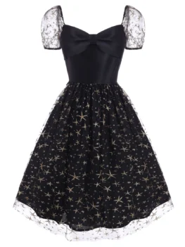 Sparkly Star Lace Insert Bowknot Sweetheart Dress