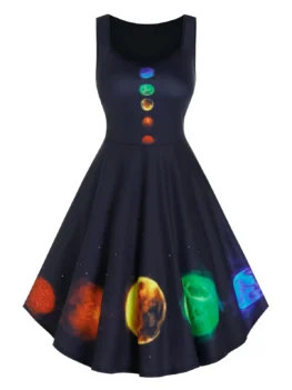 Colorful Planet Print High Waist Mini Sleeveless Dress