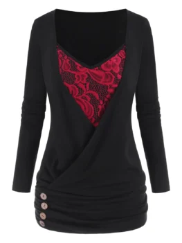 Lace Panel Ruched Detail Surplice Blouson Top