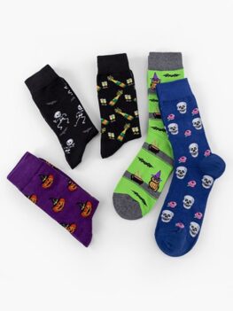 5 Pairs Halloween Skull Pumpkin Mid-calf Socks Set