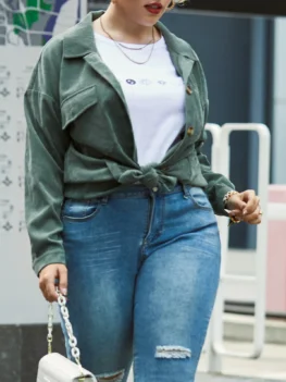 Plus Size Corduroy Pocket Button Front Coat