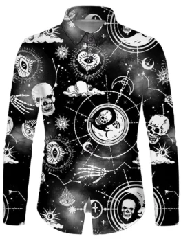 Halloween Skull Sun Moon Stars Print Button Up Shirt