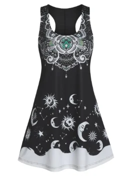 Sun Moon Star Print Mini Tank Dress